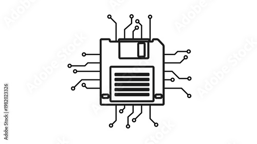 Floppy disk vector icon with circuit board traces, representing data storage, technology, and digital memory. Retro floppy diskette illustration with integrated circuit lines for tech design.