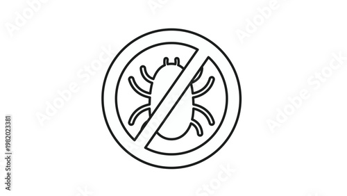 Black and white minimalist vector line icon illustration of a bug or insect inside a prohibition sign, representing pest control, anti-virus software, bug fixing, or insect repellent symbol.