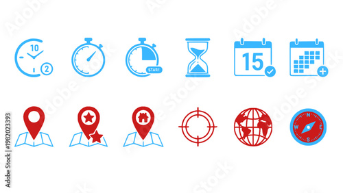 Icons featuring clocks, maps, and location tracking elements.