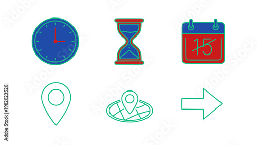 Icons for travel planning with clocks, maps, and navigation.