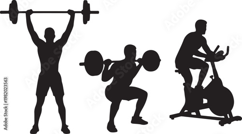 Fitness icons, workout silhouettes, exercise vector graphics, gym illustrations