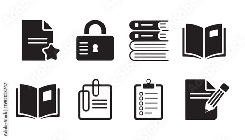 Office management icons with favorite document security lock horizontal book stack and checklist on clipboard.