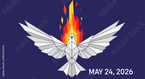 Geometric origami dove with fiery wings and date text isolated on background