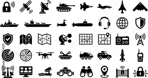 Military Communication Icons. Outline icon set of military communication: encrypted signal, satellite, radar
