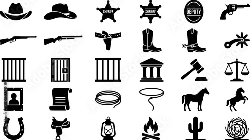 Rural Sheriff Icons. Outline icon set of rural sheriffs: cowboy hat, revolver, badge, boots, jail cell,
