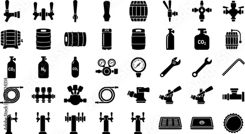 Beer Equipment Icons. Outline icon set of beer taps and kegs: draft tap, beer faucet, keg barrel, mini keg,
