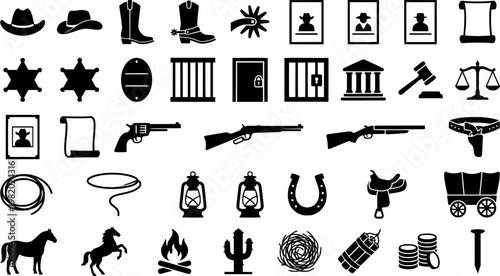Rural Sheriff Icons. Outline icon set of rural sheriffs: cowboy hat, revolver, badge, boots, jail cell,
