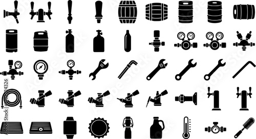 Beer Equipment Icons. Outline icon set of beer taps and kegs: draft tap, beer faucet, keg barrel, mini keg,
