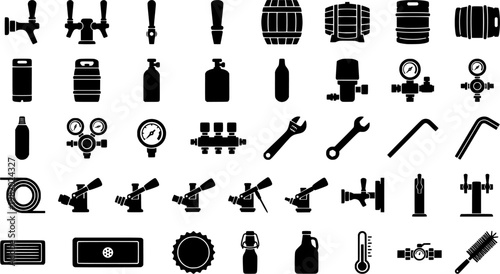 Beer Equipment Icons. Outline icon set of beer taps and kegs: draft tap, beer faucet, keg barrel, mini keg,
