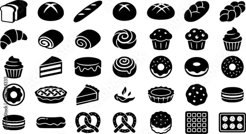 Freshly baked. Solid icon set of freshly baked goods: bread loaf, croissant, muffin, cupcake, baguette, cinnamon roll, donut, pie, cookie,
