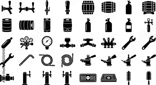 Beer Equipment Icons. Outline icon set of beer taps and kegs: draft tap, beer faucet, keg barrel, mini keg,
