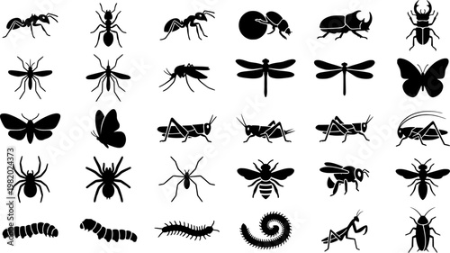 Savanna Insect Icons. Savanna Insects. Solid icon set of Savanna Insects: termite, dung beetle, mosquito, dragonfly, butterfly, ant, locust, grasshopper, 
