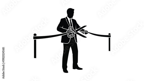 Silhouette of man cutting ribbon with scissors.