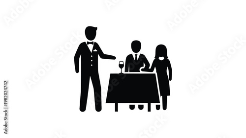 Waiter serving wine to couple.
