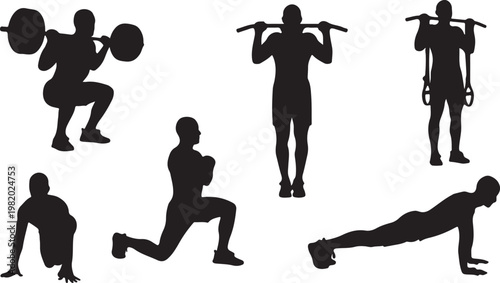 Black silhouette fitness icons, workout vector graphics, exercise clip art, gym symbols