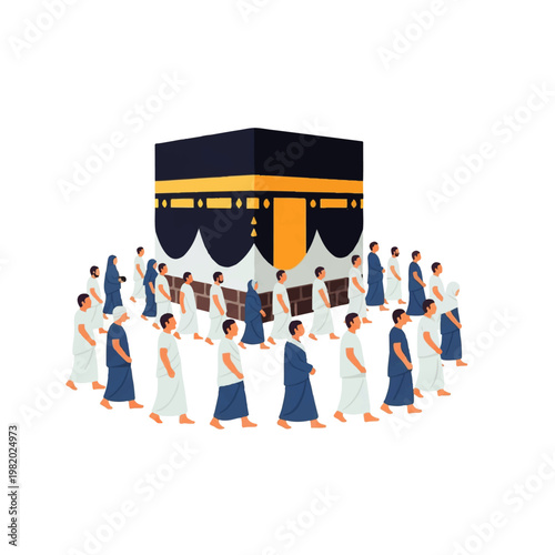 Vector flat design illustration of pilgrims walking around the Kaaba in Mecca during Hajj pilgrimage