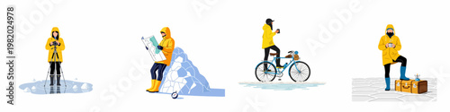 Collection of illustrations showing adventurers in yellow jackets exploring arctic environments, featuring photography, navigation, cycling, and resting on an icy landscape.