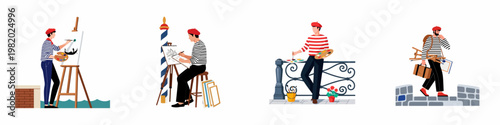 Set of vector illustrations featuring a male artist in a beret and striped shirt painting and sketching outdoors in a European setting.