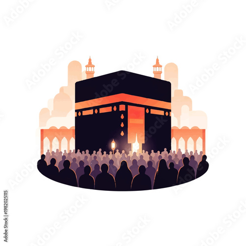 Vector flat design illustration of the Kaaba in Mecca surrounded by a crowd of worshippers during a pilgrimage