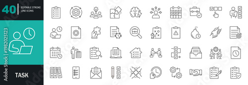 Task icon set. Containing a checklist, project, to-do list, job, workflow, clipboard, multitasking, assignment, business planning, and more. Editable line icons. Vector illustration.
