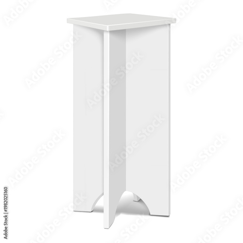 White blank square tabletop pedestal. Retail product display stand. Realistic vector mockup. Exhibition plinth. 3d mock-up. Trade show podium. Easy editable template for design