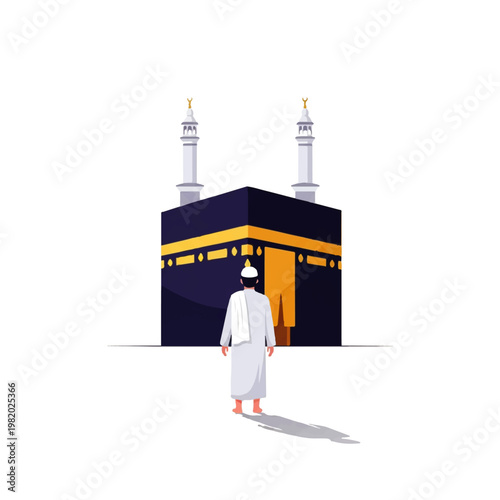 Vector flat design illustration of a Muslim pilgrim approaching the Kaaba in Mecca, symbolizing faith and pilgrimage
