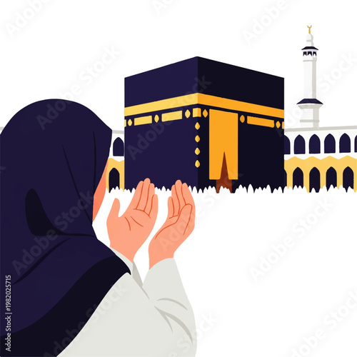 Vector flat design illustration of a Muslim woman in hijab praying towards the Kaaba in Mecca, symbolizing faith