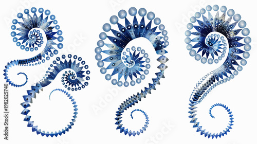 Three watercolor abstract spiral shapes in blue tones on a white background