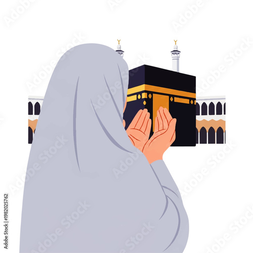Vector flat design illustration of a Muslim woman in hijab praying towards the Kaaba in Mecca, a sacred Islamic