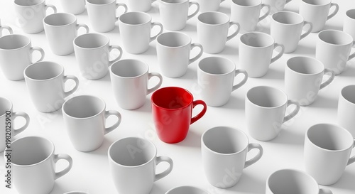 a single red coffee mug standing out among many white mugs