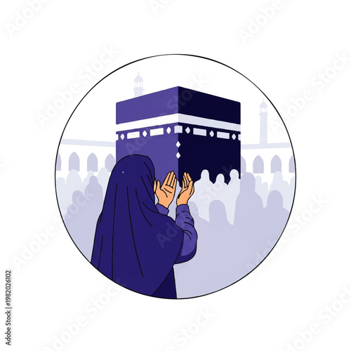 Vector flat design illustration of a Muslim woman in hijab praying at the Kaaba in Mecca, surrounded by a crowd
