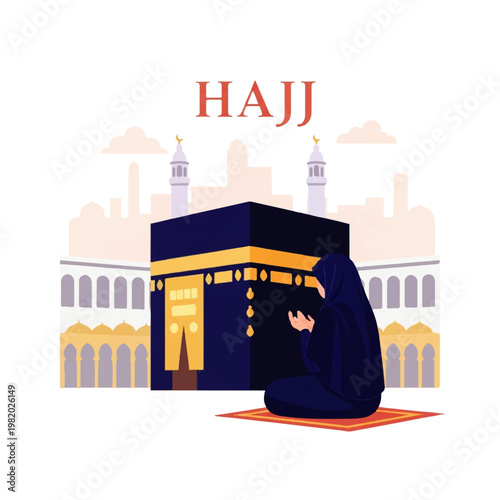 Vector flat design illustration of a Muslim woman praying at the Kaaba during Hajj pilgrimage in Mecca