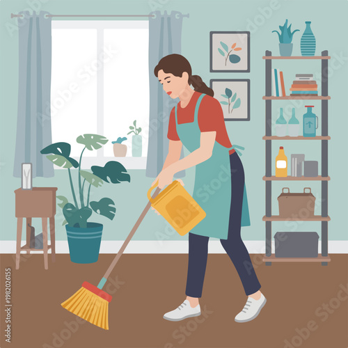 A woman wearing an apron is cleaning the floor with a mop in a tidy room
