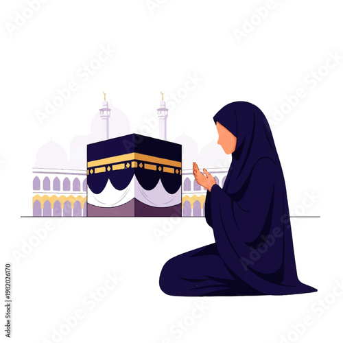 Vector flat design illustration of a Muslim woman praying devoutly in front of the Kaaba in Mecca, symbolizing faith