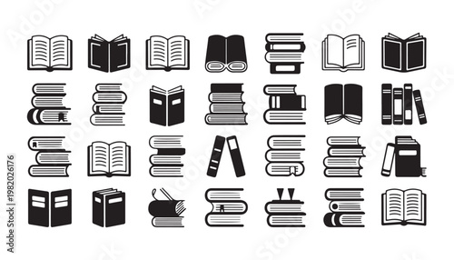 Set of black book icons with opened and closed books, stacks of books on a transparent background.