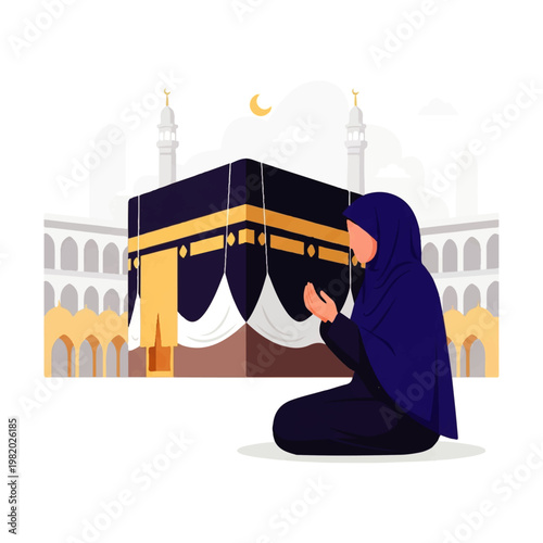 Vector flat design illustration of a Muslim woman praying devoutly in front of the Kaaba in Mecca during Ramadan