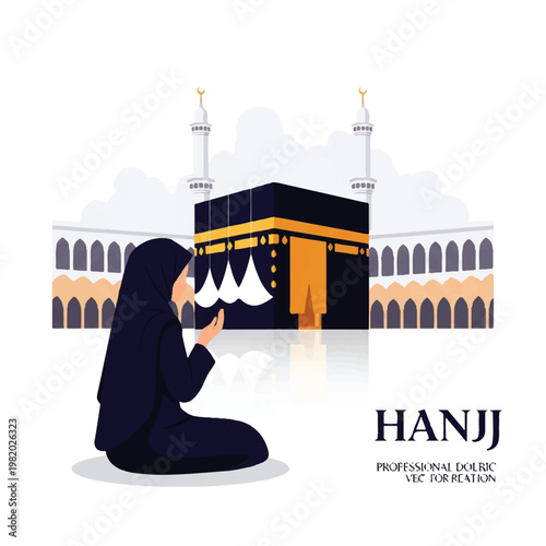 Vector flat design illustration of a Muslim woman praying in front of the Kaaba during Hajj pilgrimage in Mecca