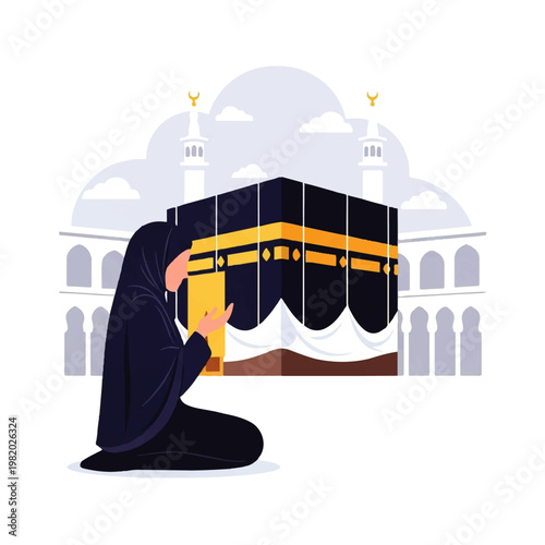 Vector flat design illustration of a Muslim woman praying in front of the Kaaba in Mecca, a sacred Islamic site
