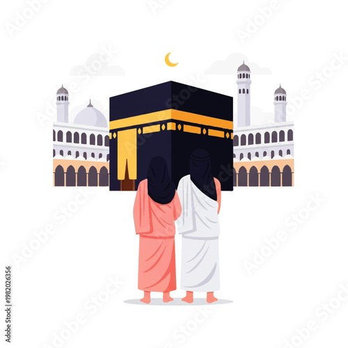 Vector flat design illustration of pilgrims in ihram clothing facing the Kaaba in Mecca, Saudi Arabia, with mosque