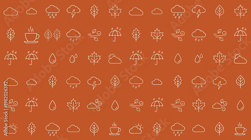 Seamless autumnal pattern featuring a diverse collection of minimalist line icons for various weather conditions and fall season elements, perfect for background designs