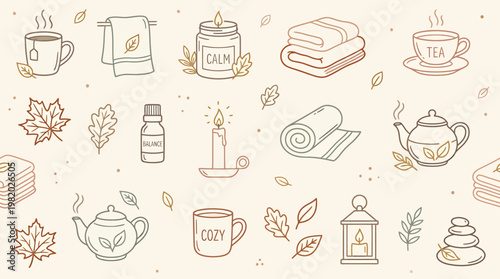 Hygge inspired seamless pattern featuring hand-drawn cozy autumn elements. Tea, candles, towels, and leaves create a comforting, relaxing vector background