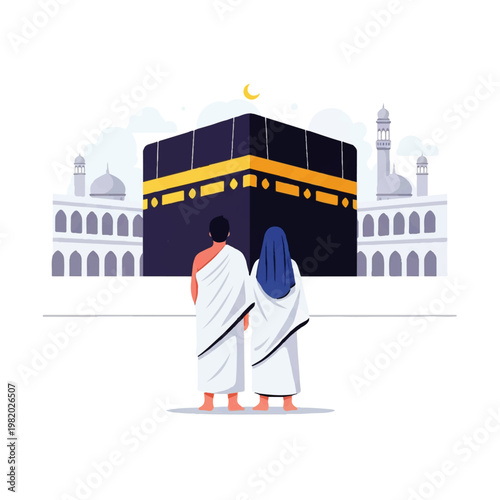 Vector Flat Design Illustration of pilgrims wearing Ihram clothing facing the Kaaba in Mecca during Hajj pilgrimage