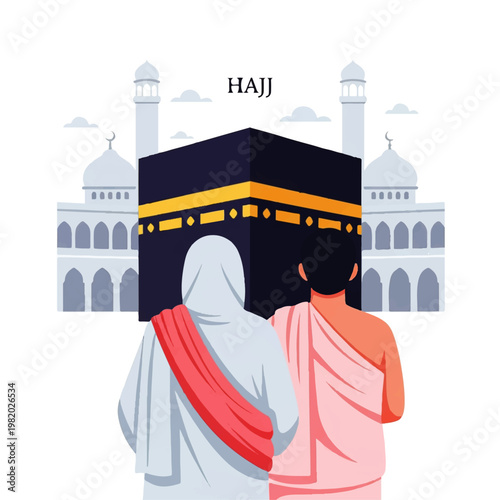 Vector flat design illustration of pilgrims in ihram clothing facing the Kaaba during Hajj pilgrimage in Mecca