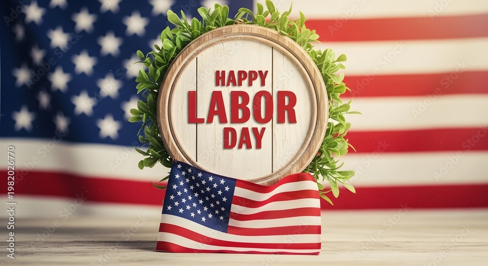 Obraz premium Festive labor day decoration with american flag and greenery