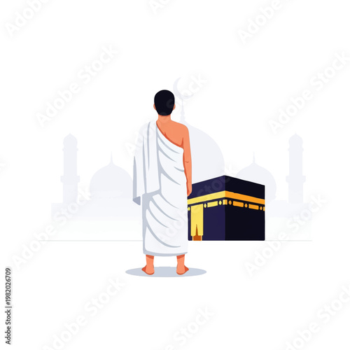 Vector flat design illustration of a Muslim pilgrim in ihram clothing facing the Kaaba during Hajj pilgrimage