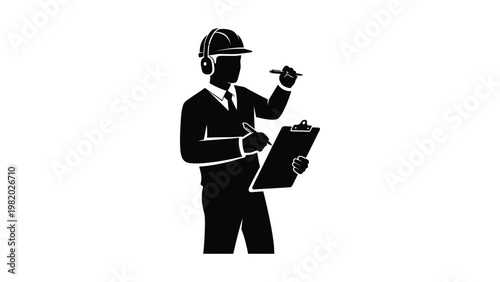 Construction worker with clipboard and hard hat.