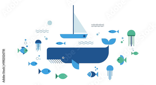 Cartoon whale with sailboat and aquatic life illustrations on white background