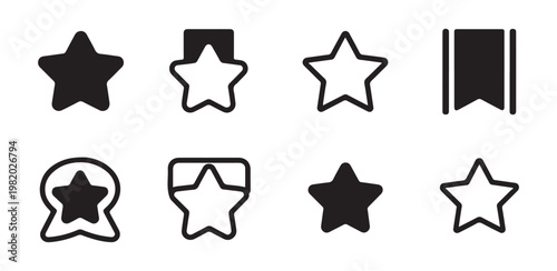 Set of star and bookmark icons, star shape, favorite icon, rating symbol, quality mark, vector.