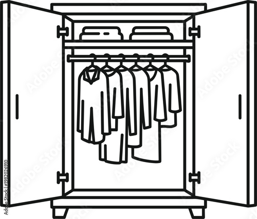 Open wardrobe with hanging clothes line art vector closet storage furniture icon minimalist designOpen wardrobe with hanging clothes line art vector closet storage furniture icon minimalist design