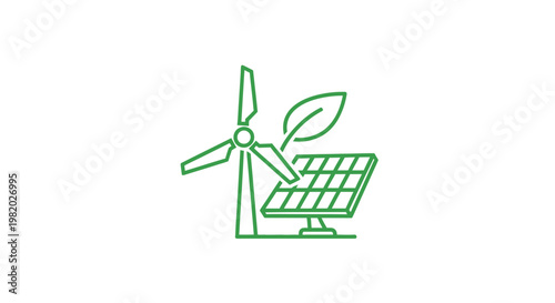 Green energy sources wind turbine solar panel and leaf icon on white